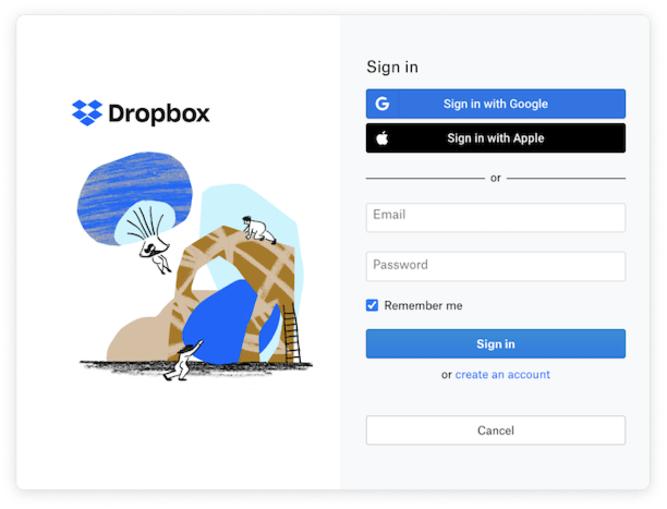 Вход в аккаунт Dropbox