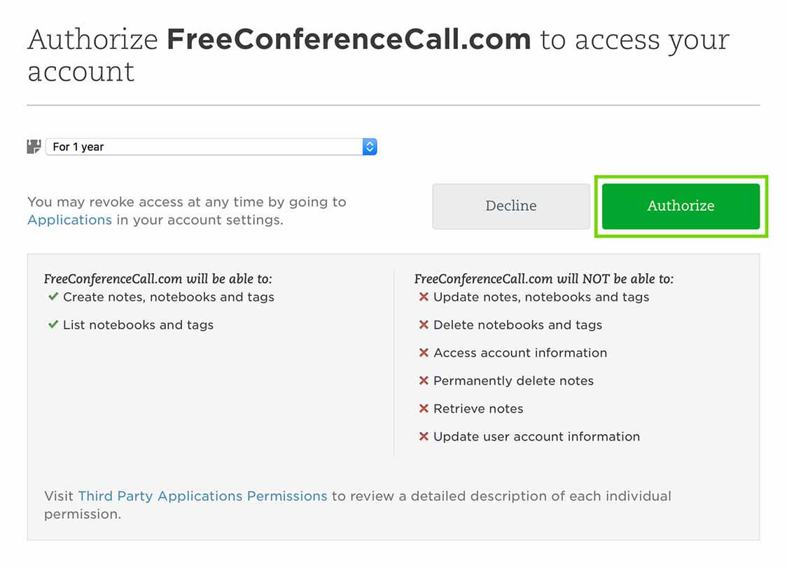 EvernoteがFreeconferencecall.comのアカウントページにアクセスすることを承認する