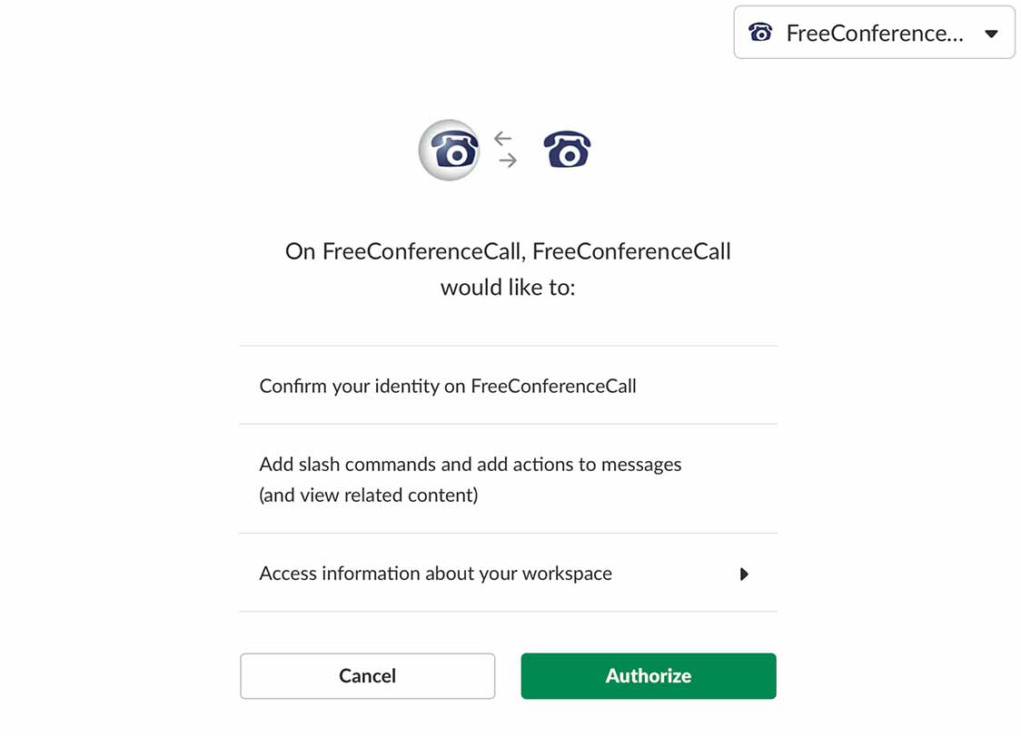 Slack'in FreeConferenceCall.com hesabınıza erişmesine izin vermek için <strong>Yetkilendir</strong>'e tıklayın.