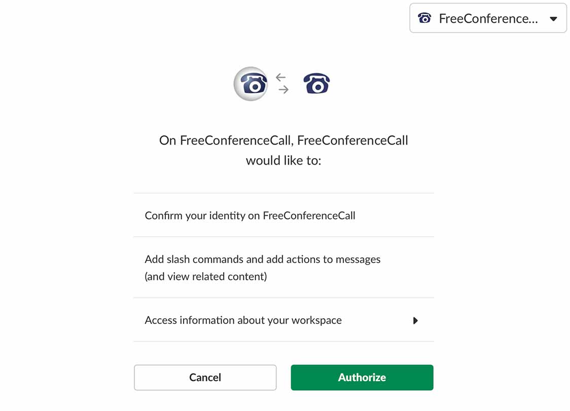 Klik op <strong>Machtigen</strong> om Slack toegang te geven tot uw FreeConferenceCall.com account.