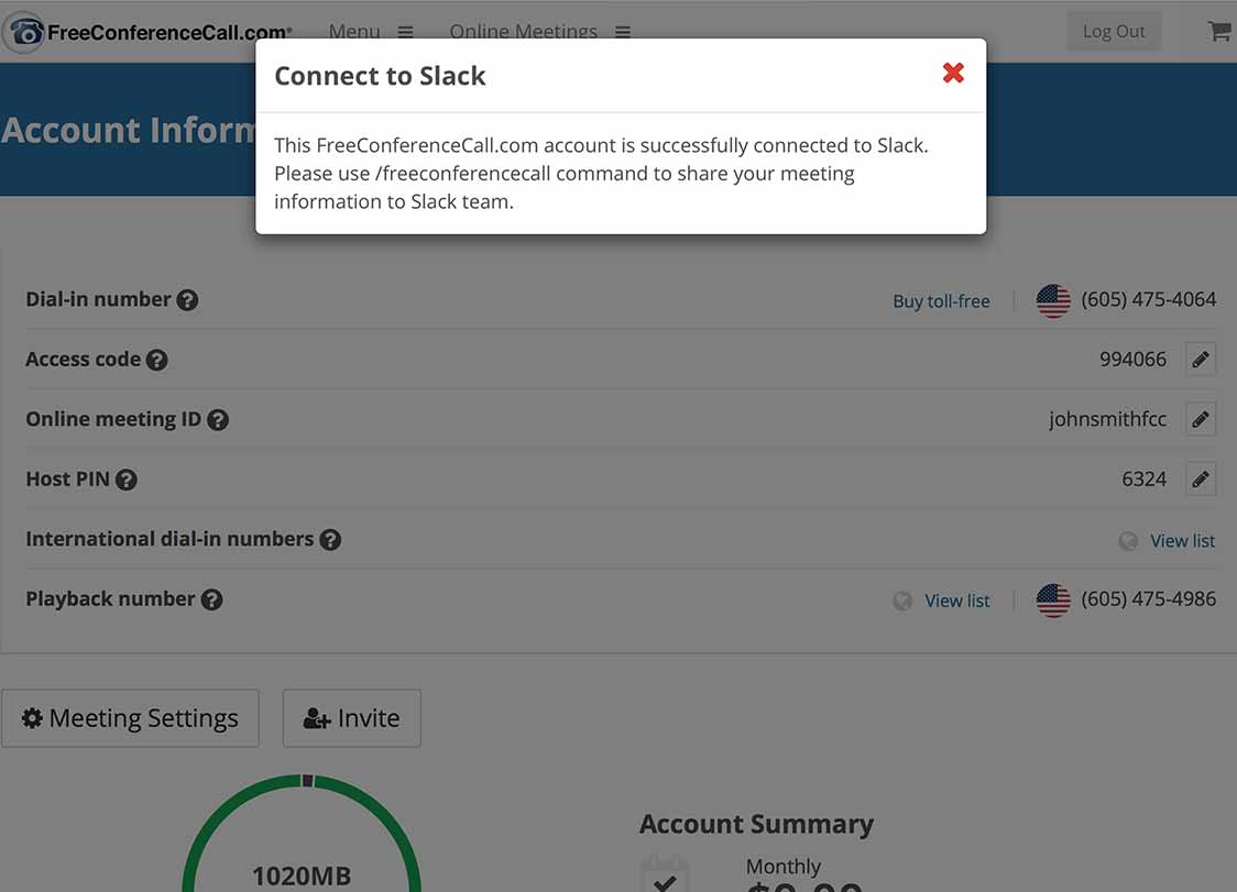 Pop up confirmation Freeconferencecall connect to Slack