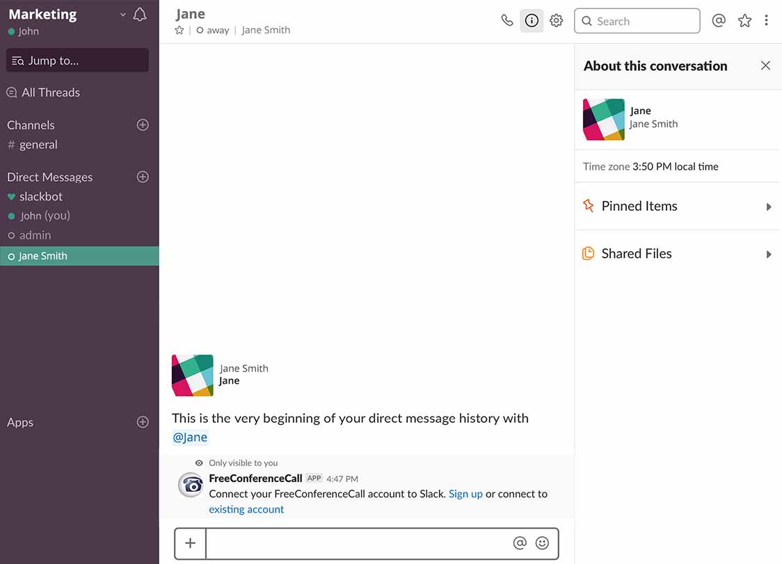 Slack için yeni bir Freeconferencecall hesabı oluşturma veya giriş yapma istemi.