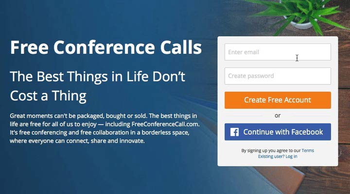 Screen shot of FreeConferenceCall.com homepage.