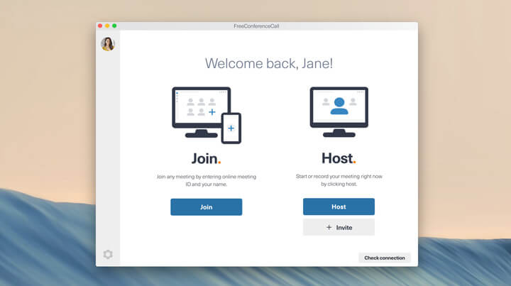 Screen shot of FreeConferenceCall.com desktop app join, host, or record a meeting pop up.