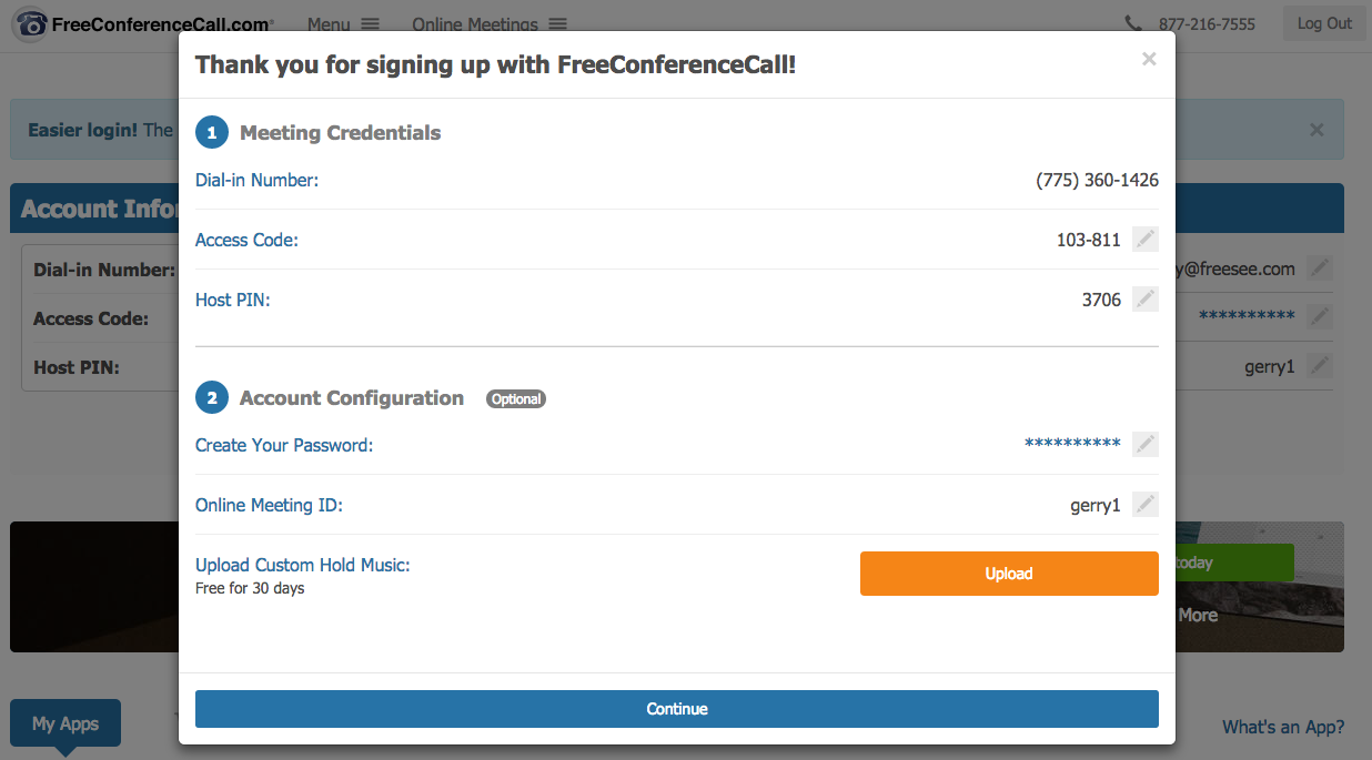 FreeConferenceCall.com Instructions with Account Information