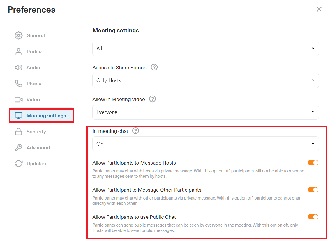 In-Meeting Chat : Enables chat functionality for both hosts and ...