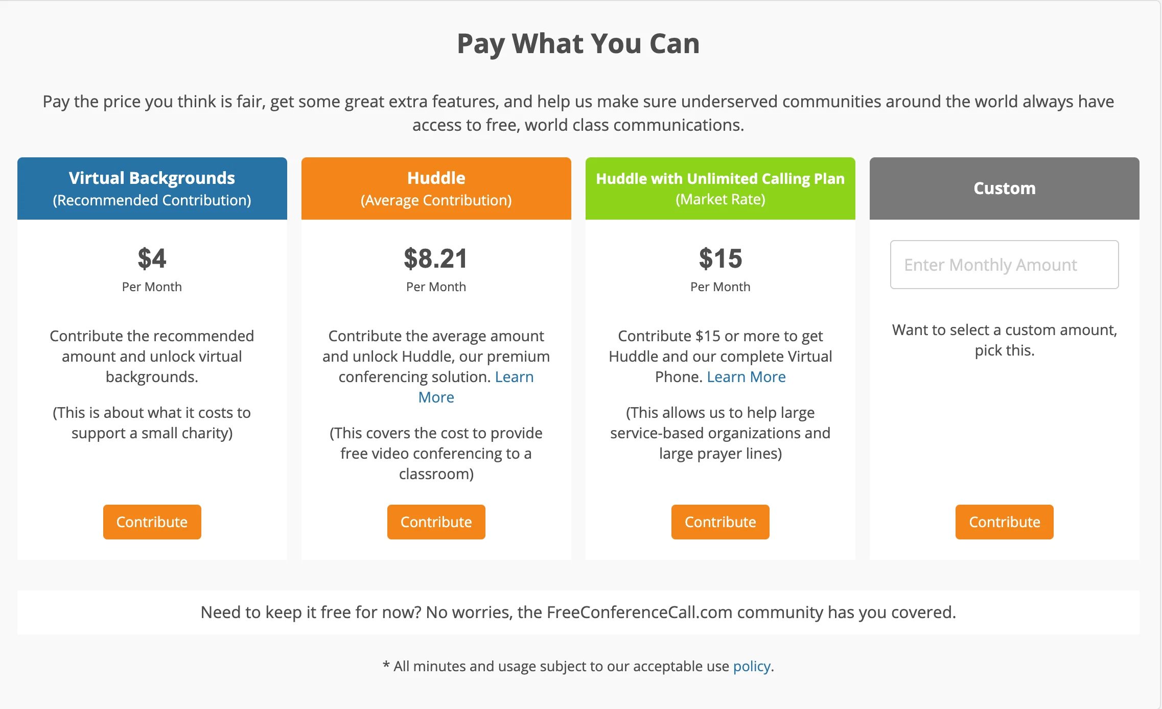 Snapshot of FreeeConferenceCall's pay what you can pricing model